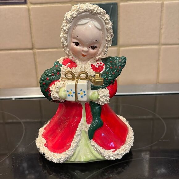 VINTAGE GIRL W PRESENTS CHRISTMAS PLANTER Spaghetti Trim 7.5" JAPAN - Picture 1 of 10